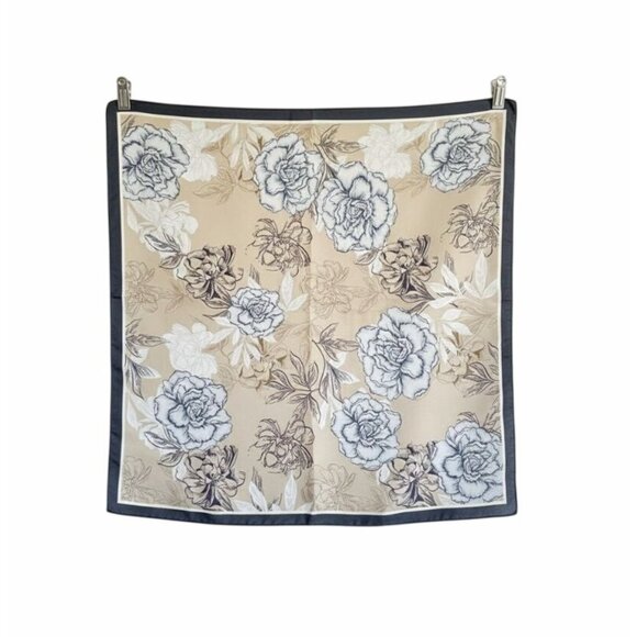 New Elegant Bandana Square Silky Scarf Blue Flowers Garden Versatile Shawl Wrap - Picture 4 of 5